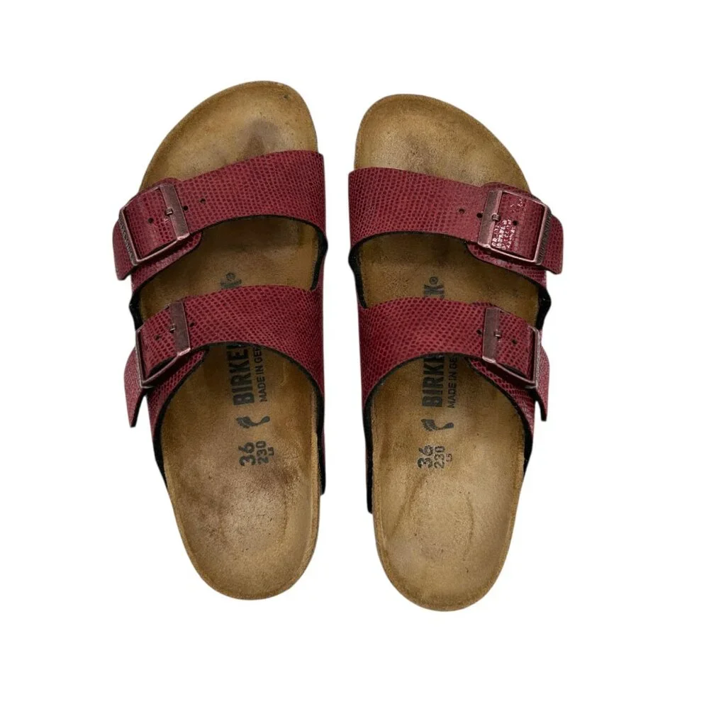 Birkenstock Arizona Birko-Flor Maroon Snake Pattern 2 Straps Slide Sandals 36